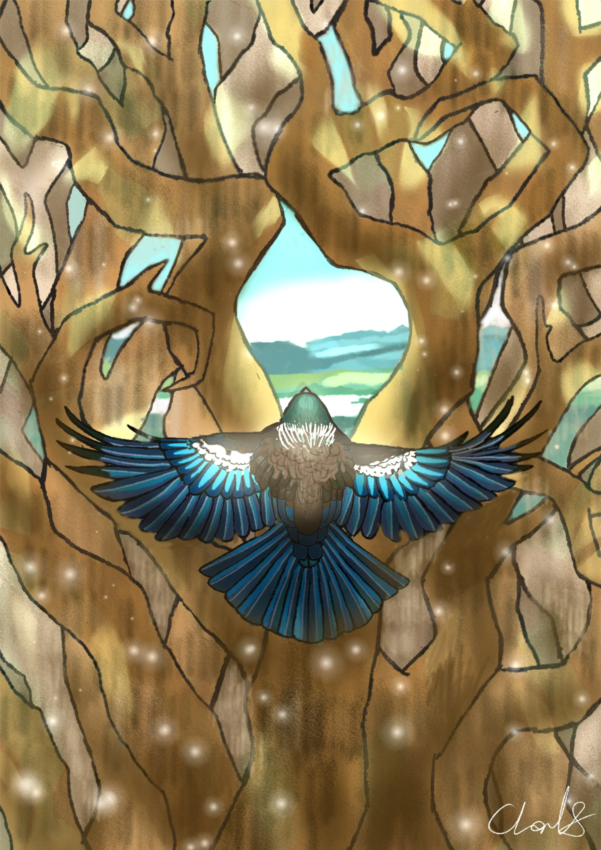 A watercolor illustration of a blue and black bird flying in front of a large hollow tree with a hole in the trunk, overlooking a river and landscape with hills and sky in the background. The artist signature 'Clara' is in the bottom right corner.