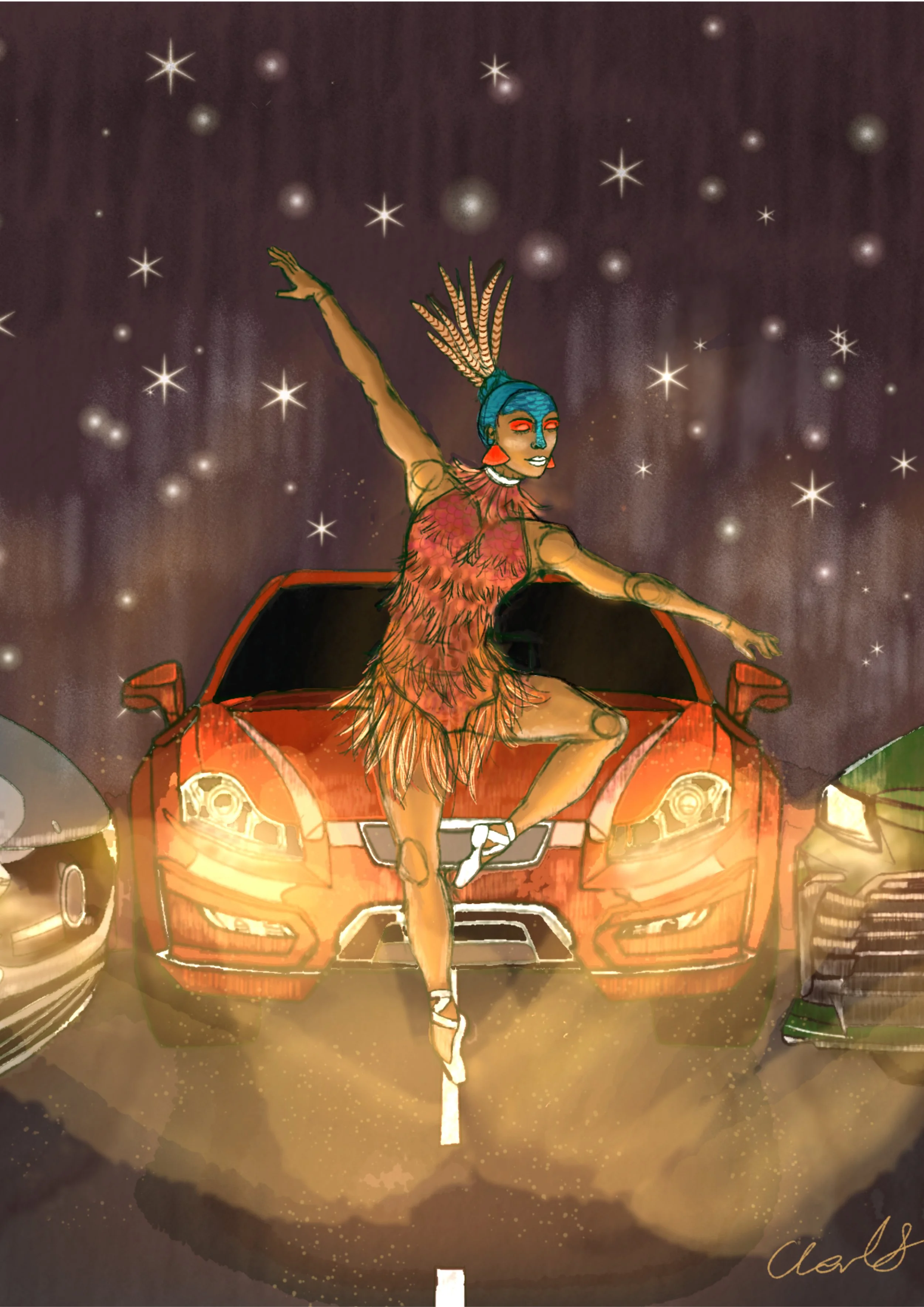An illustration of a dancer with blue hair, orange face paint, and a feathered costume, performing on a car's hood in front of a starry night sky.