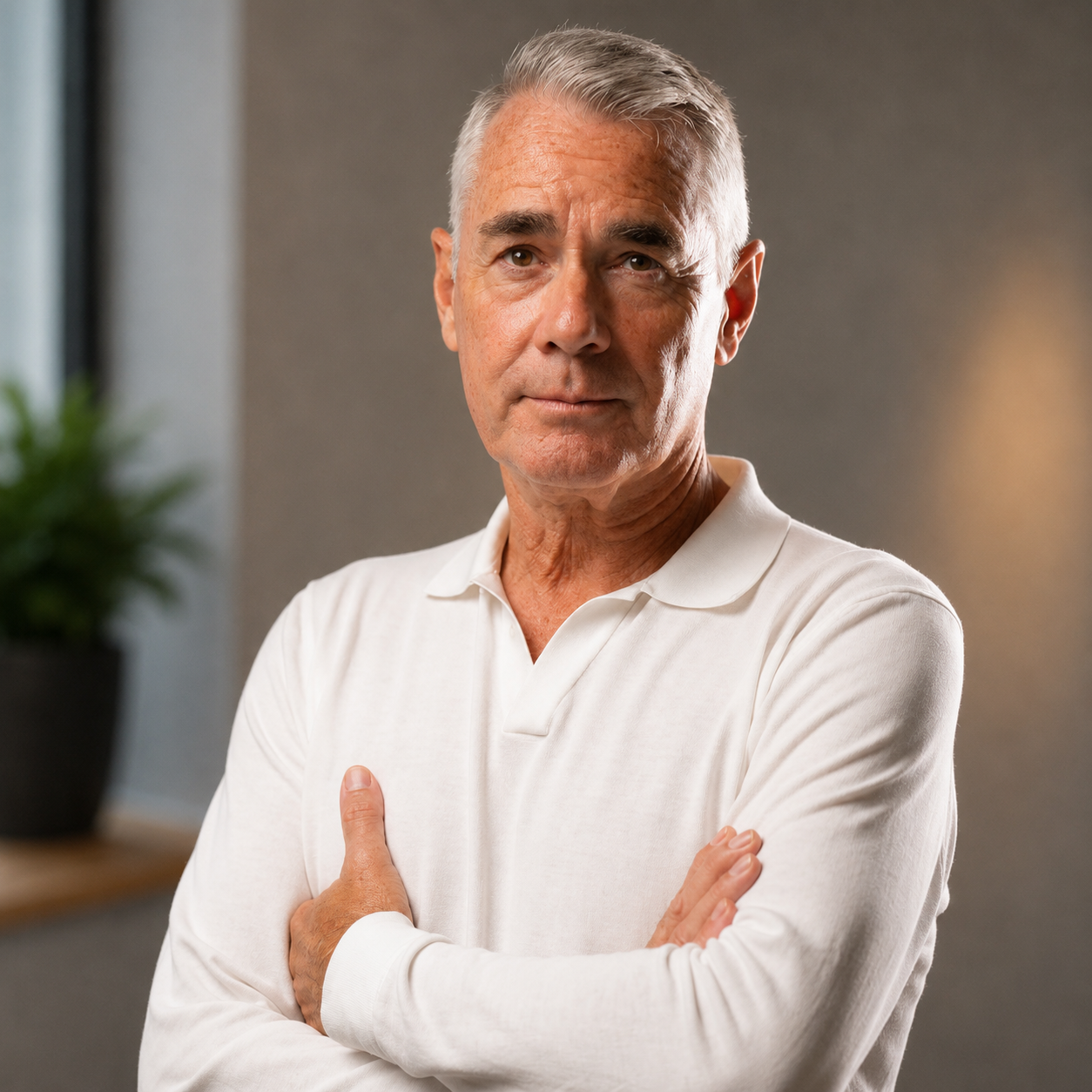 An older man with gray hair and light skin wearing a white polo shirt, standing indoors with arms crossed, looking confident.