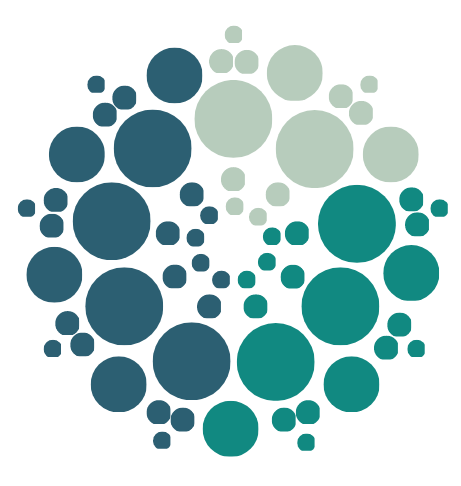 Kreisdiagramm aus verschieden großen, blauen und grünen Kreisen auf schwarzem Hintergrund.