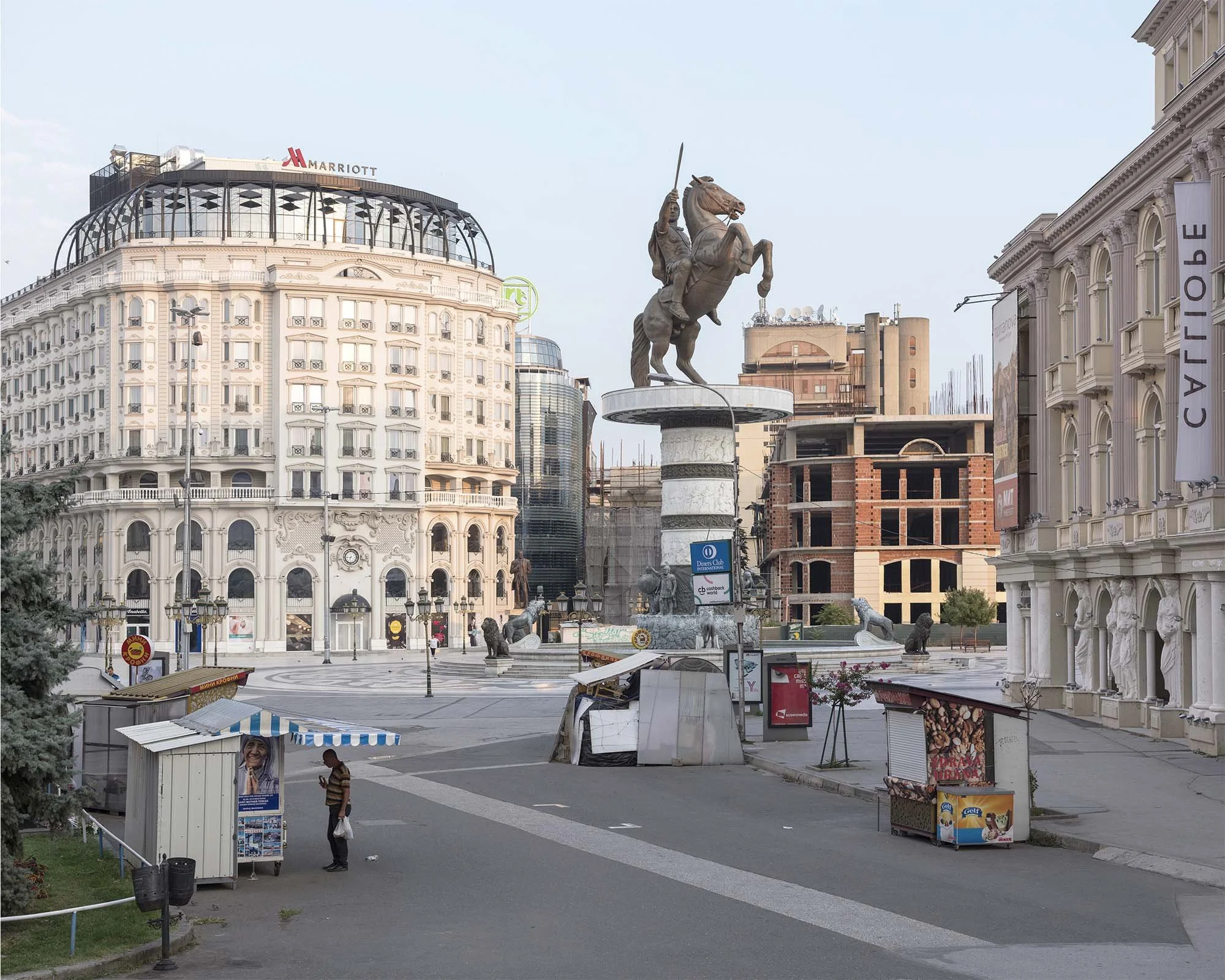 Documentary photography by Roman Bezjak from the Skopje series: The post-1963 modernist reconstruction reshaped by the neoclassical Skopje 2014 project. Macedonia Square, Warrior on a Horse