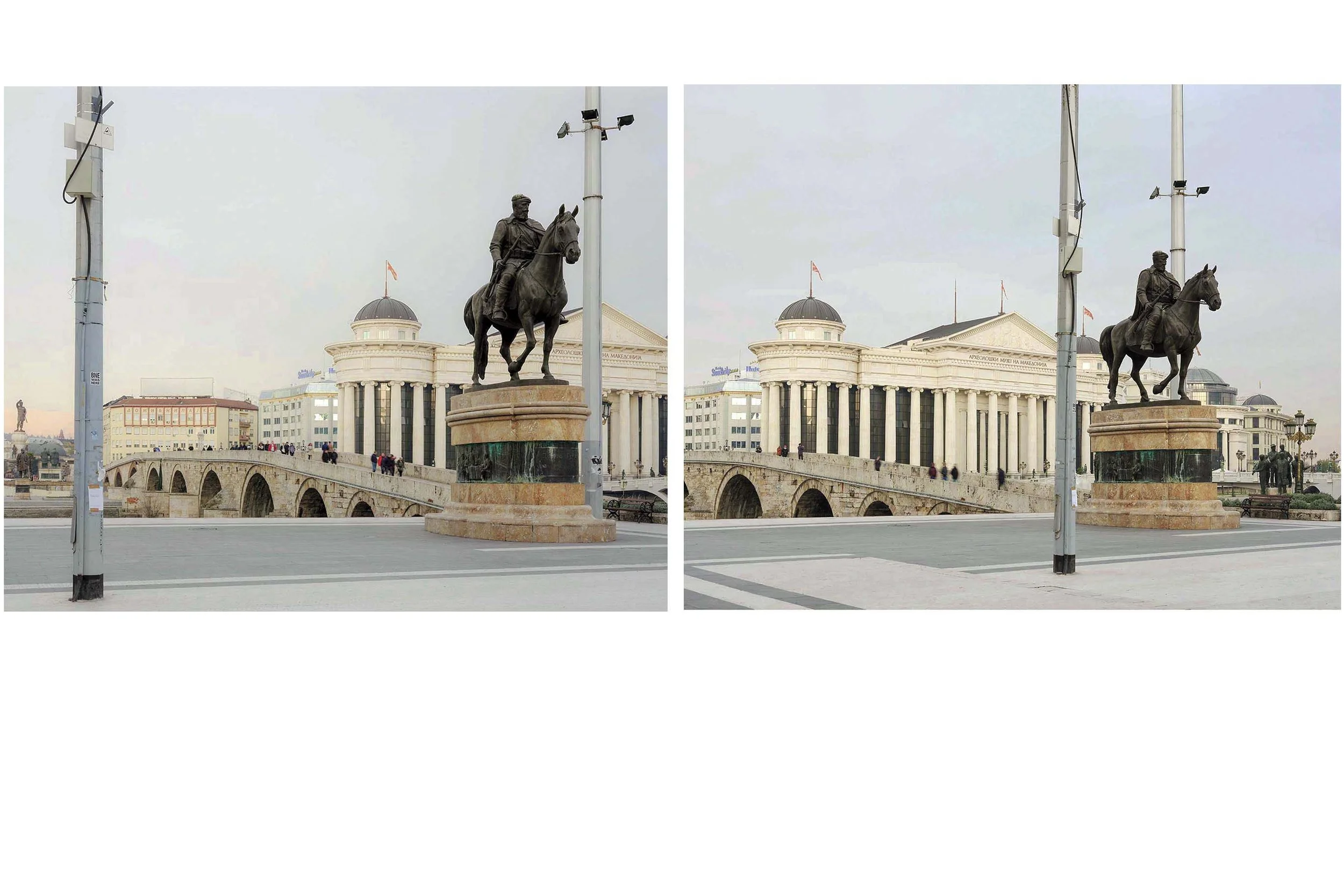 Documentary photography by Roman Bezjak from the Skopje series: The post-1963 modernist reconstruction reshaped by the neoclassical Skopje 2014 project. Archaeological Museum of North Macedonia, Equestrian statue of Goce Delchev