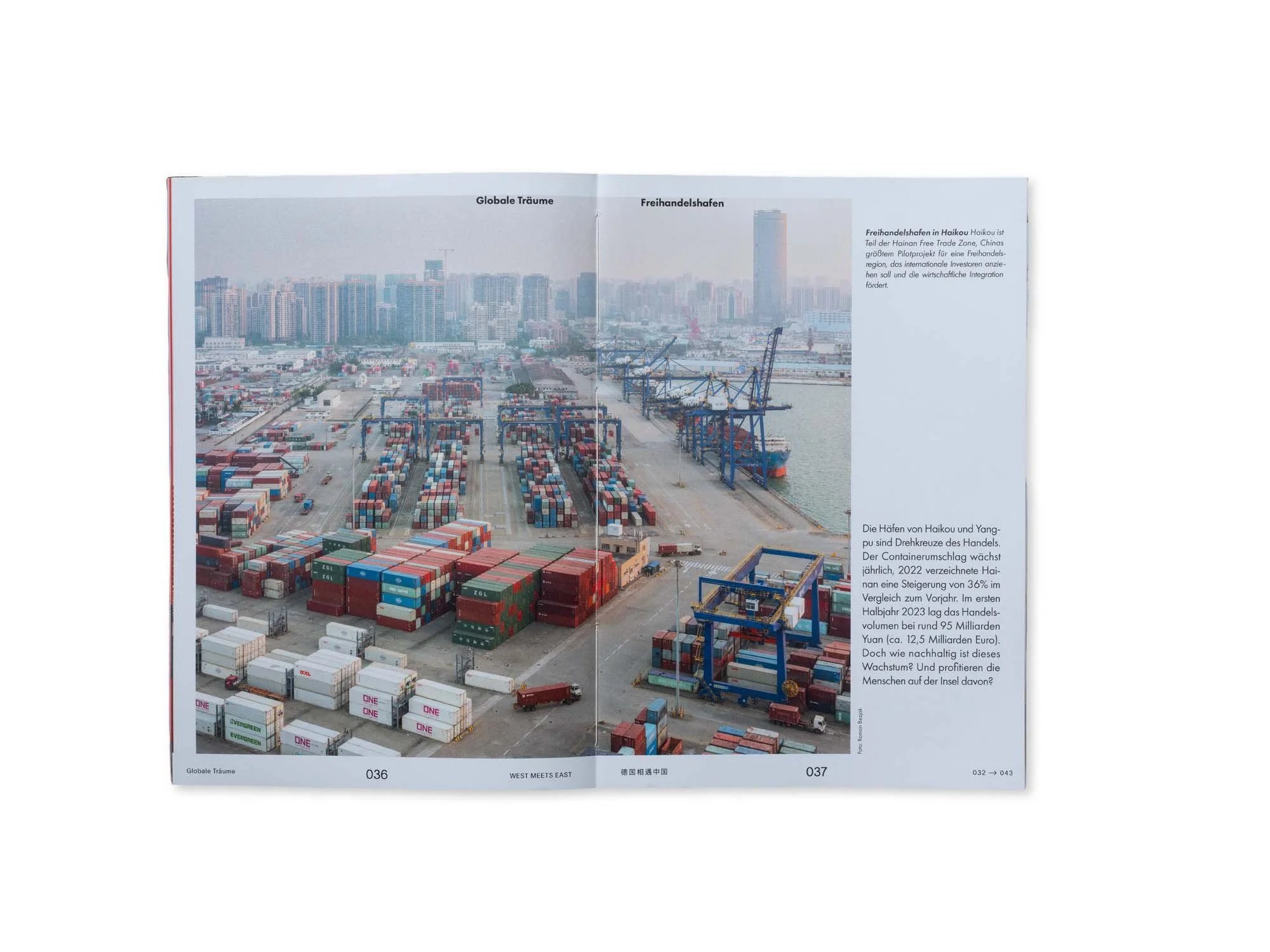 Foto eines Containerhafens mit zahlreichen Containern und Kränen, Blick auf die Skyline einer Stadt im Hintergrund.