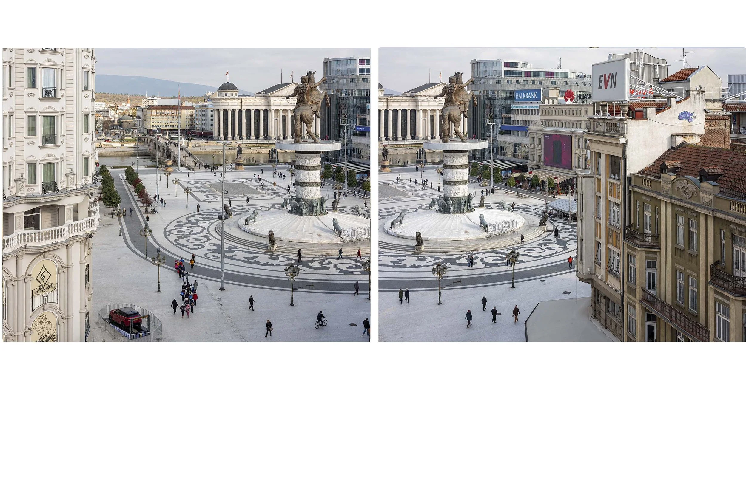 Documentary photography by Roman Bezjak from the Skopje series: The post-1963 modernist reconstruction reshaped by the neoclassical Skopje 2014 project. Macedonia Square, Warrior on a Horse