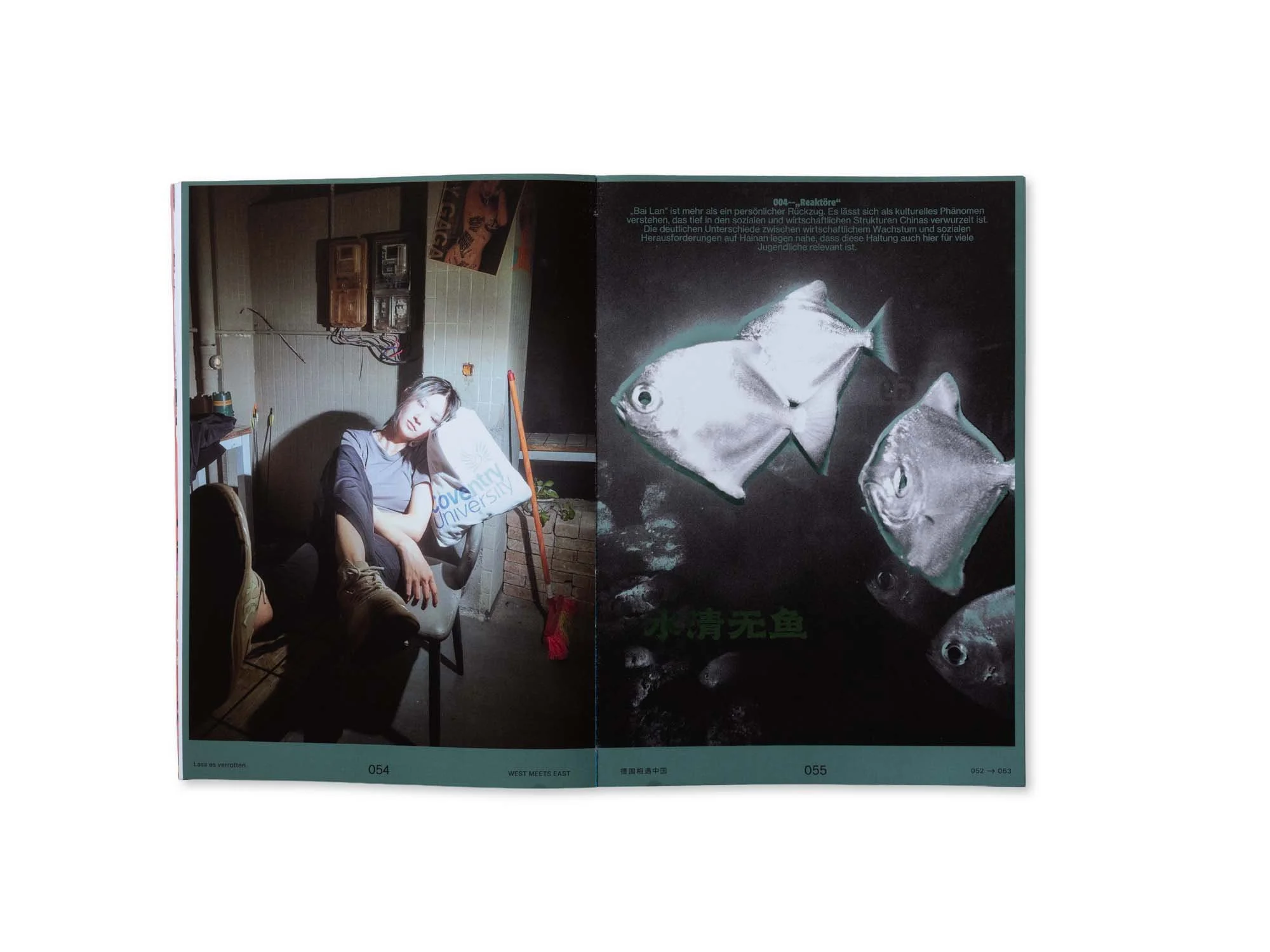 Offenes Magazin mit einer Fotografie einer schlafenden Person im linken Bild und einer Abbildung von Fischen auf der rechten Seite.