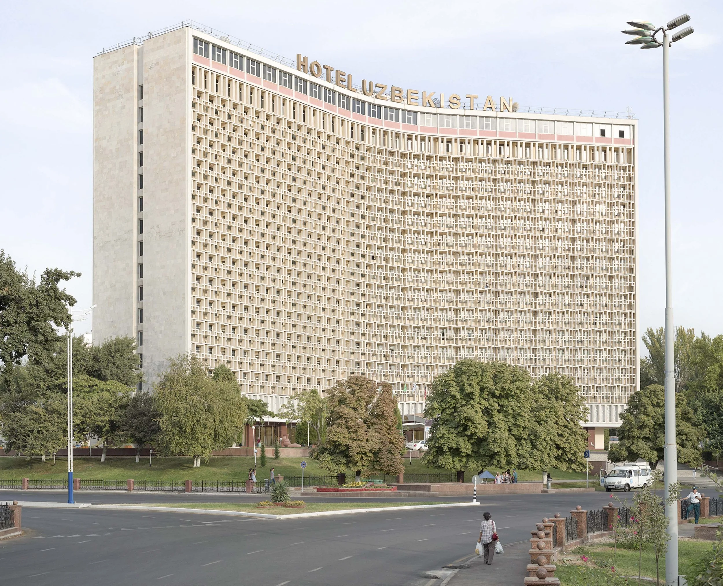 Documentary photo by Roman Bezjak, from the series Tashkent. Soviet-era residential architecture combining modernist construction with local Uzbek traditions after the 1966 earthquake, iiconic hotel Uzbekistan,Hotel Uzbekistan's iconic lattice facade