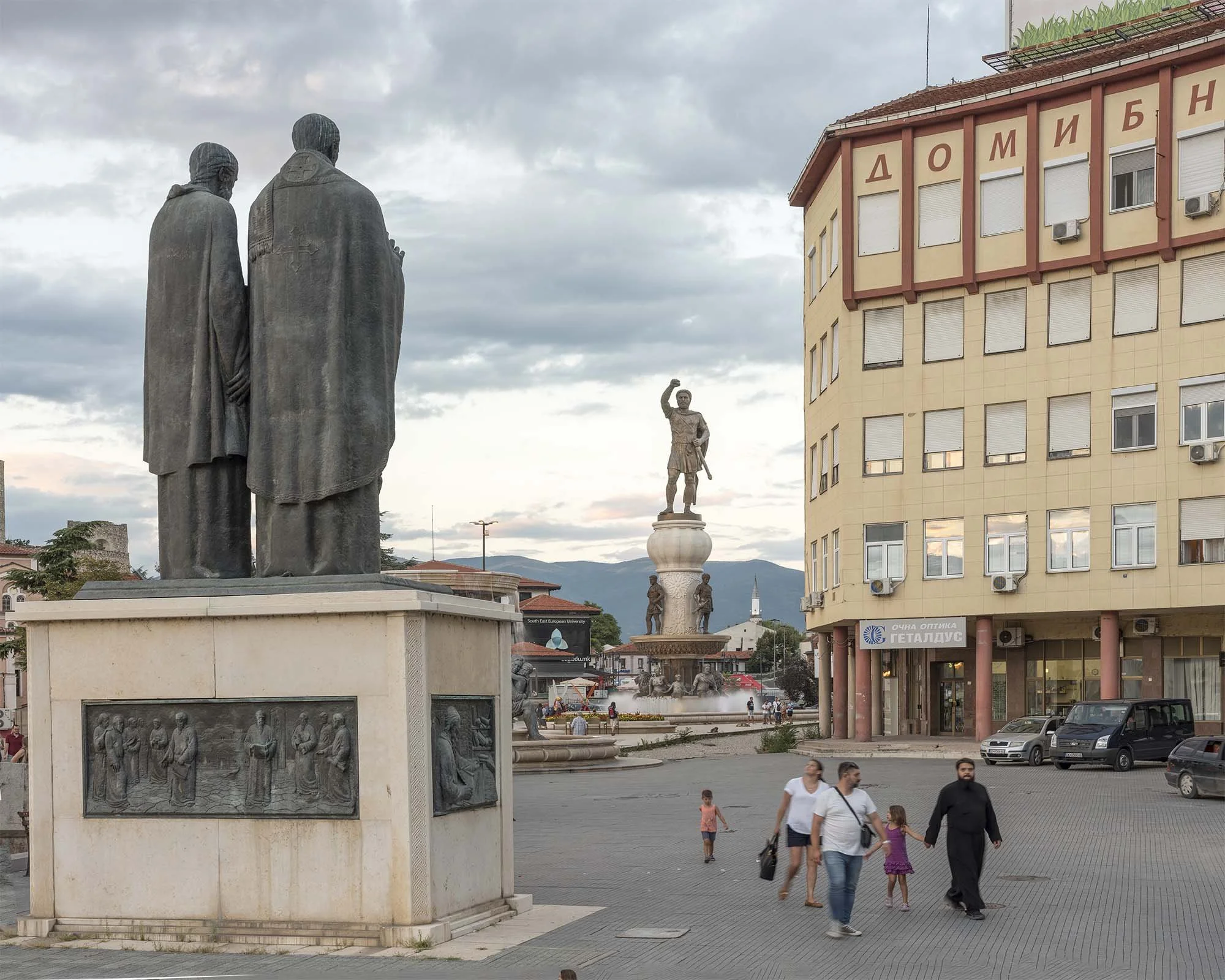Documentary photography by Roman Bezjak from the Skopje series: The post-1963 modernist reconstruction reshaped by the neoclassical Skopje 2014 project. background Warrior Monument (Philip II of Macedon)