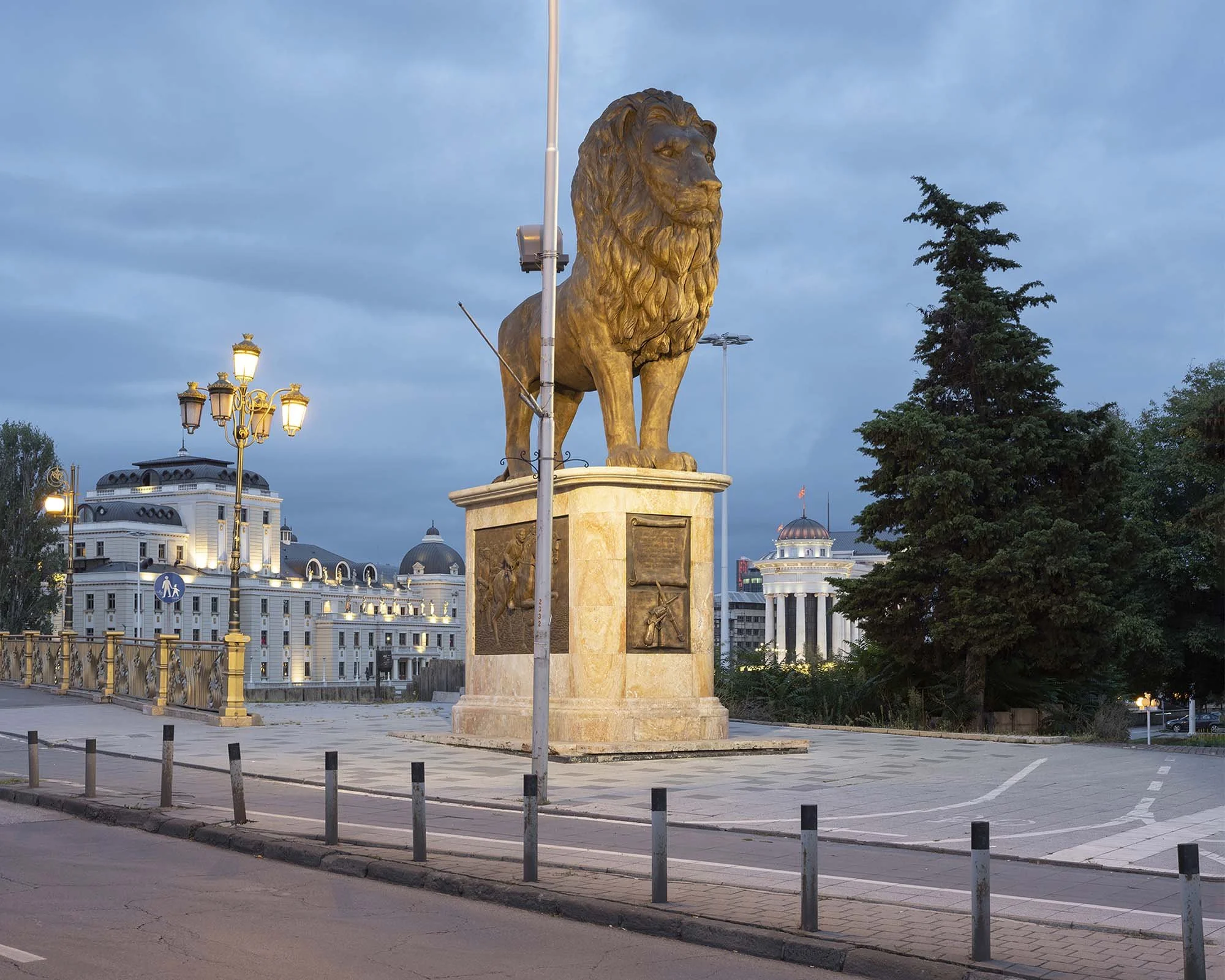 ocumentary photography by Roman Bezjak from the Skopje series: The post-1963 modernist reconstruction reshaped by the neoclassical Skopje 2014 project. Macedonian Lion on Bridge Goce Delčev
