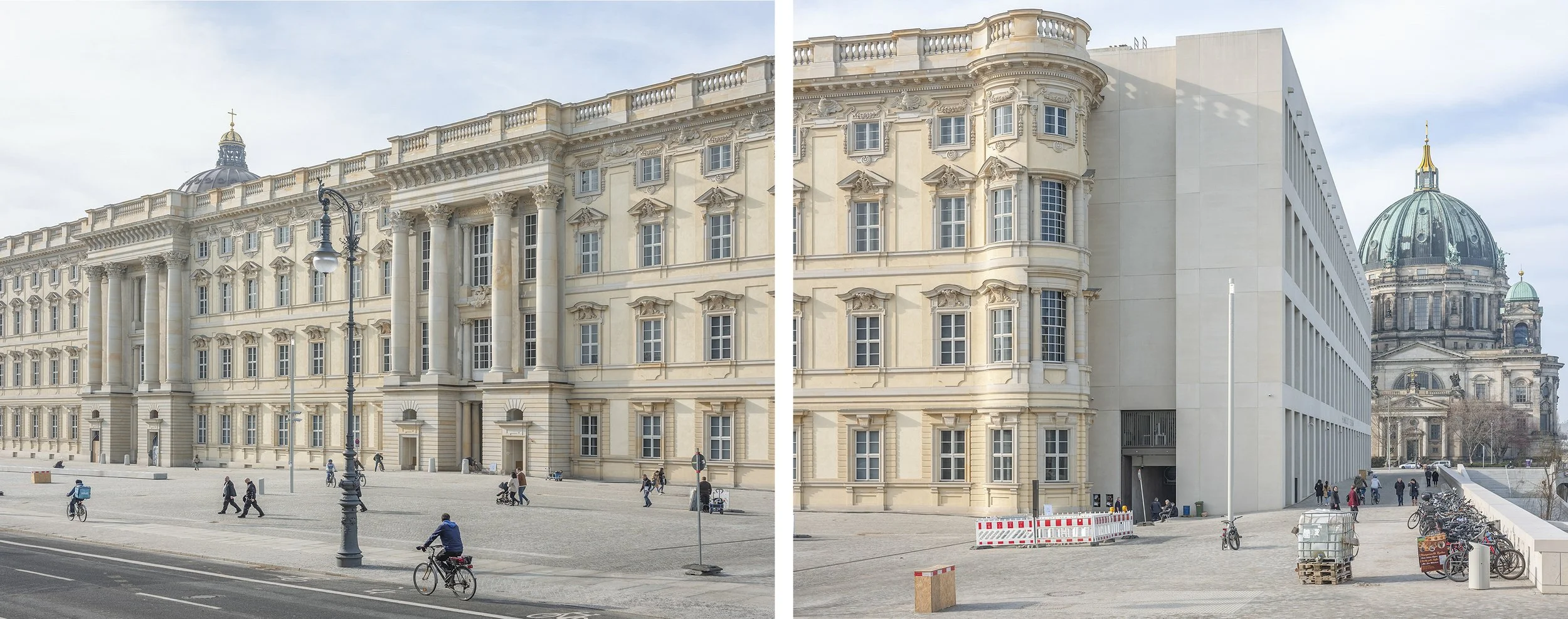 Vergleich eines historischen und eines modernen Gebäudes in einer Stadt, mit Menschen, Fahrrädern und einem Radweg im Vordergrund. Rekonstruktion der Berliner Stadtschlosses, hinten Berliner Dom.