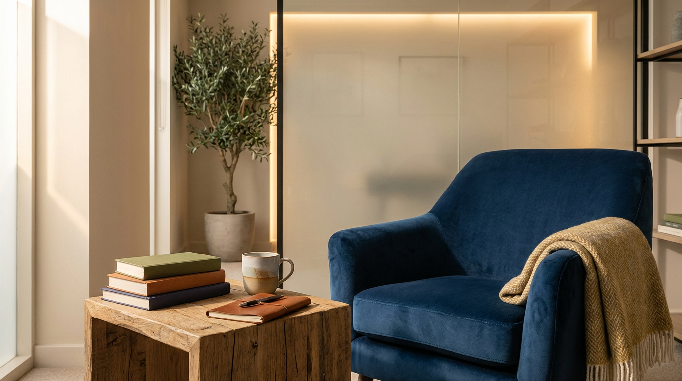 Gemütliches Wohnzimmer mit blauer Sessel, Holztisch, Bücher, Kaffeetasse, Decke, Pflanzen und Bücherregal.