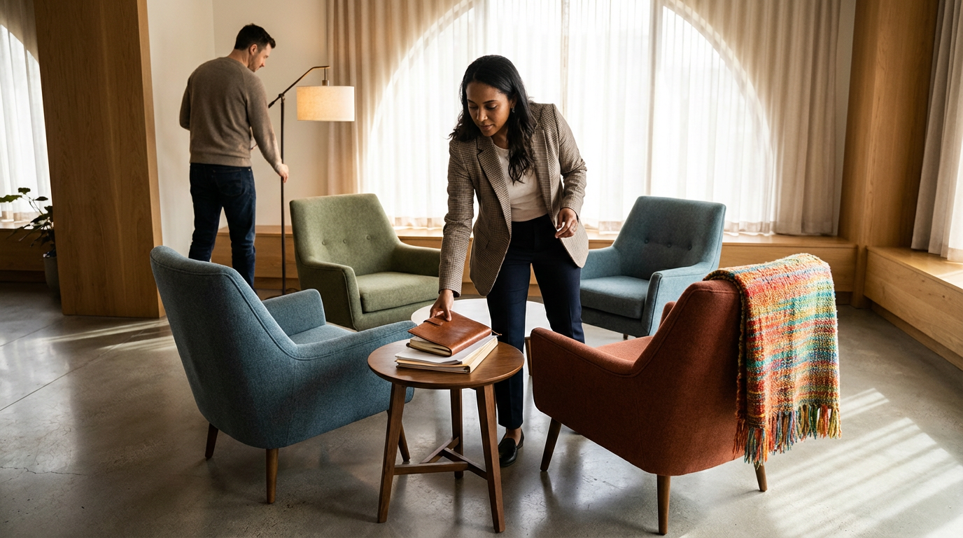 Zwei Menschen in einem stilvollen Wohnzimmer, eine Frau ordnet Bücher auf einem kleinen runden Tisch, ein Mann stellt eine Stehlampe auf.