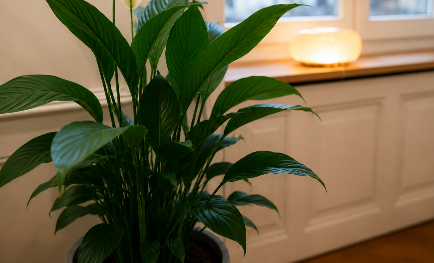 Grüner Zimmerpflanze vor einer Fensterbank mit warmer Beleuchtung.