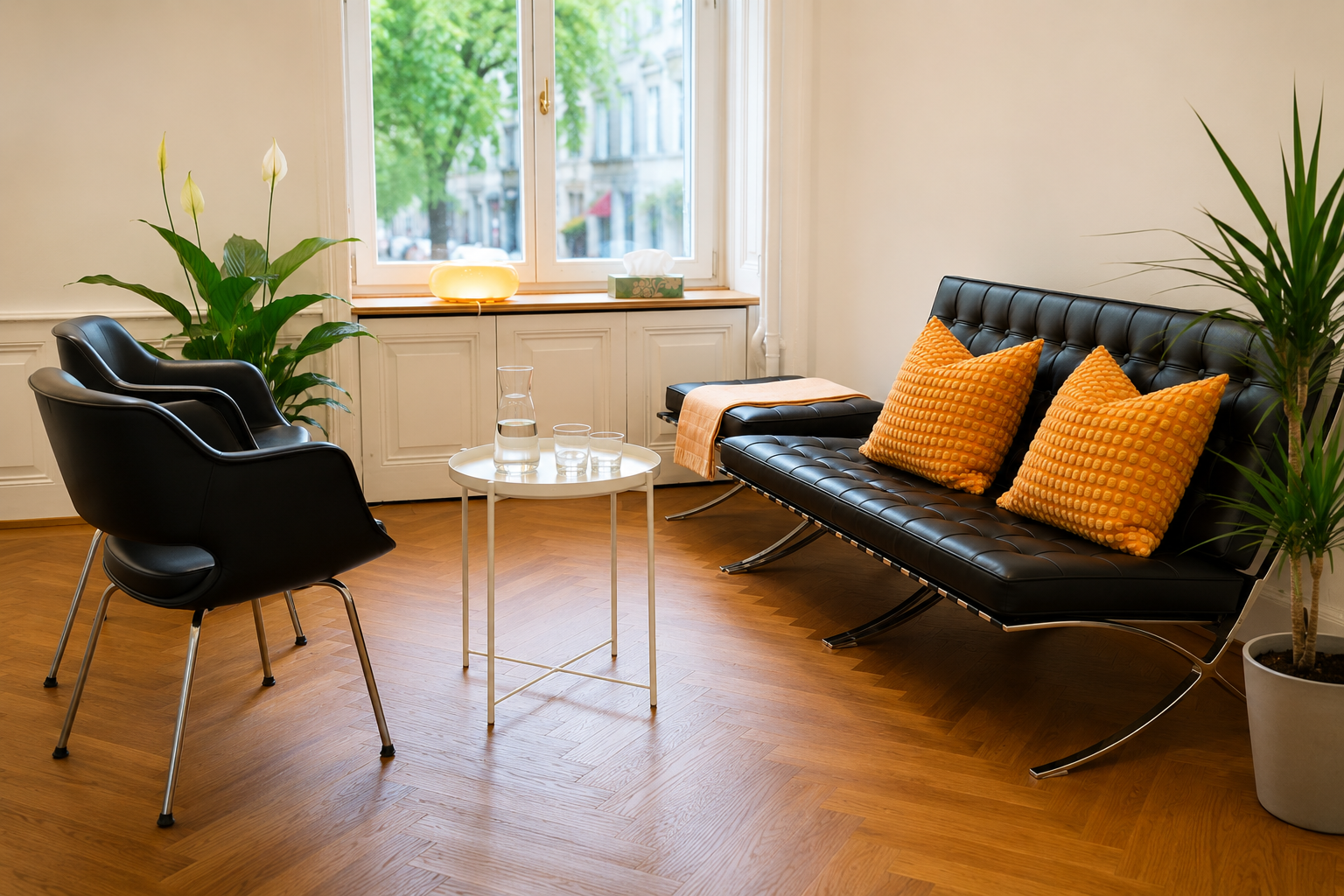 Gemütliches Wohnzimmer mit schwarzen Lounge-Stühlen und einem schwarzen Leder-Sofa mit orangefarbenen Kissen, Holzboden, großen Fenster mit Blick auf eine grüne Straße, Pflanzen und dekorative Beleuchtung.