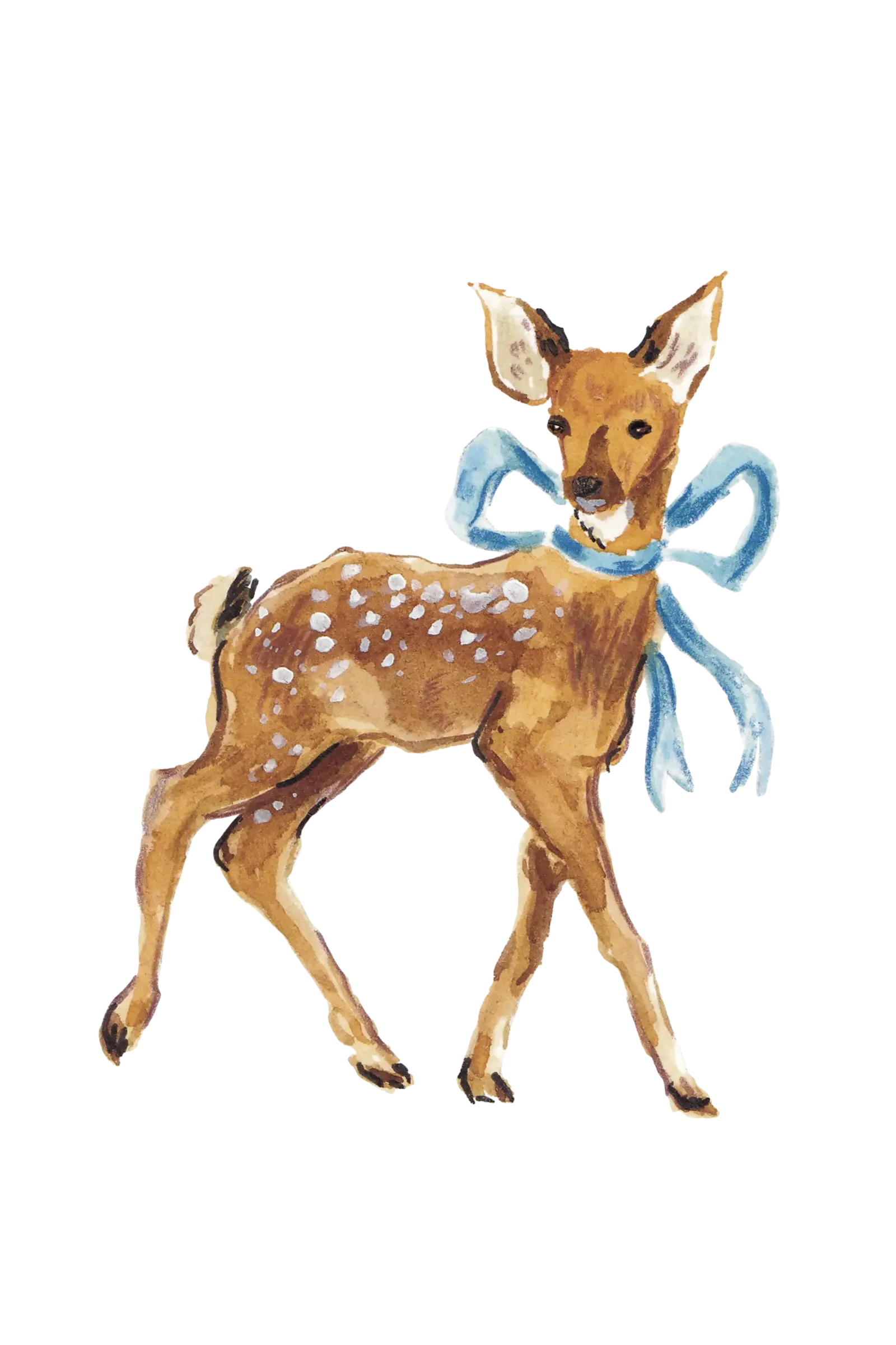 Wedding invitation illustration of a deer with a blue ribbon