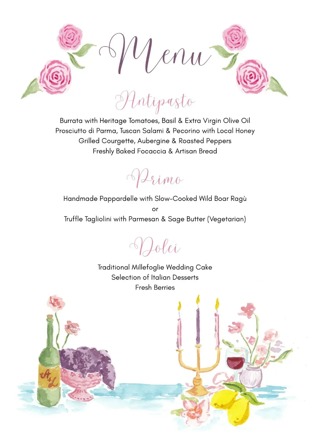Whimsical Italian wedding menu painted with watercolors that feature a table scape and floral accents