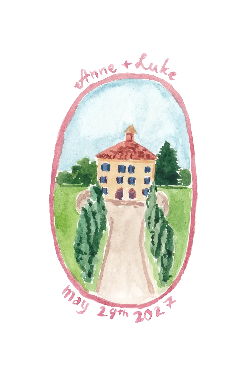 Watercolor wedding crest featuring a venue illustration of a Villa Graziella in Tuscany