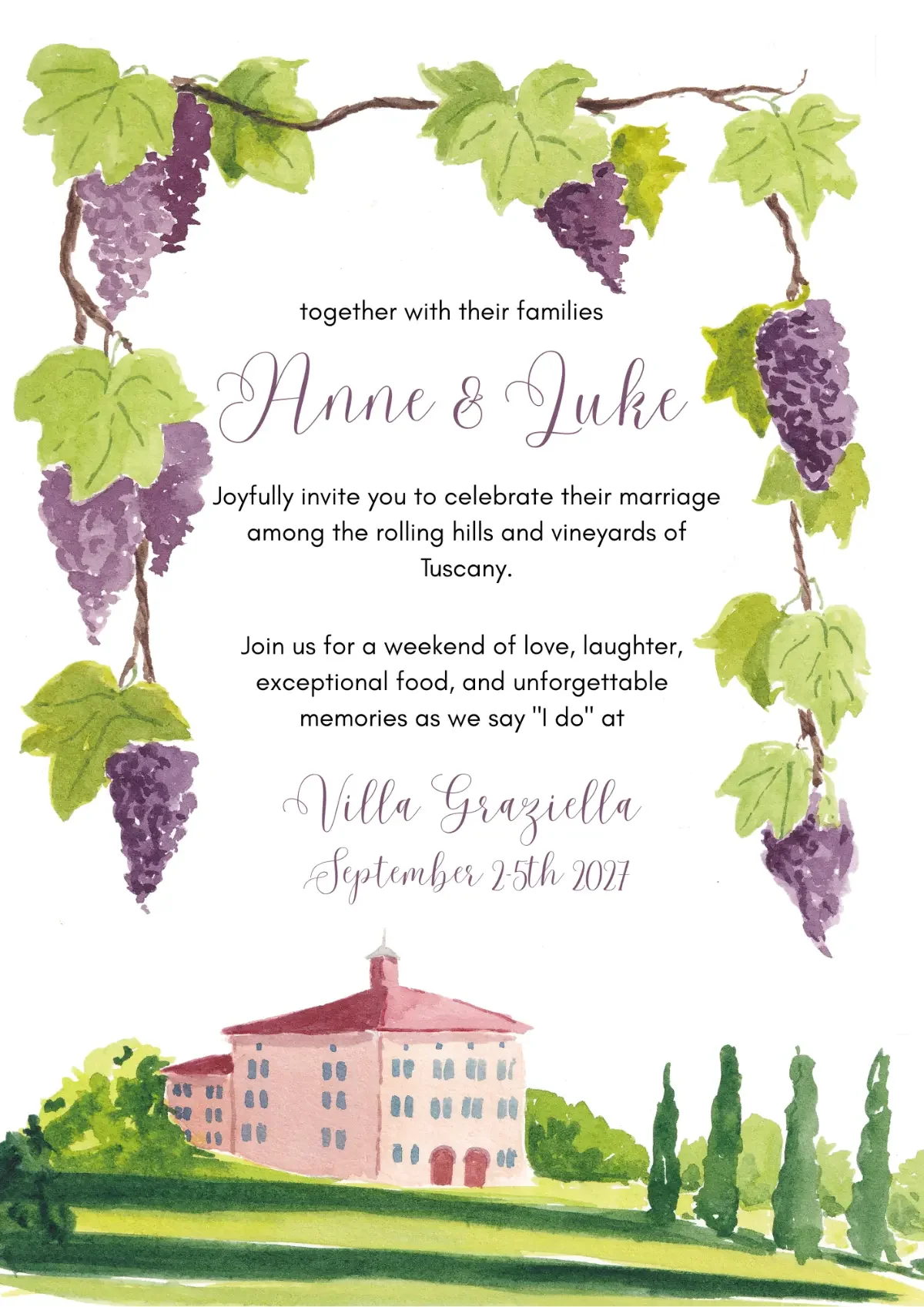 Wedding invitation for a destination wedding in Tuscany Italy with grape vine frame and a venue illustration of a villa
