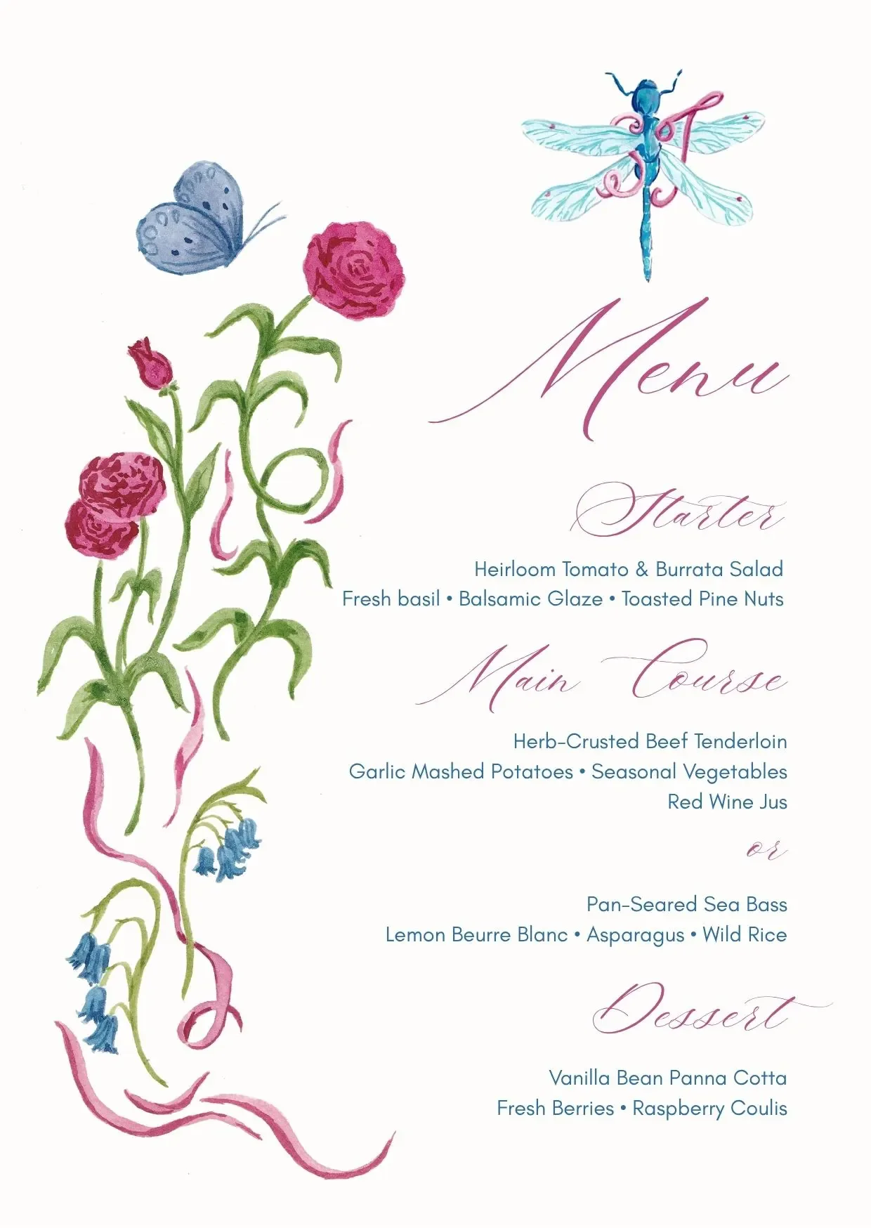 Elegant hand-painted menu with a watercolor illustration of pink flowers, blue butterflies, and a dragonfly couple's crest.