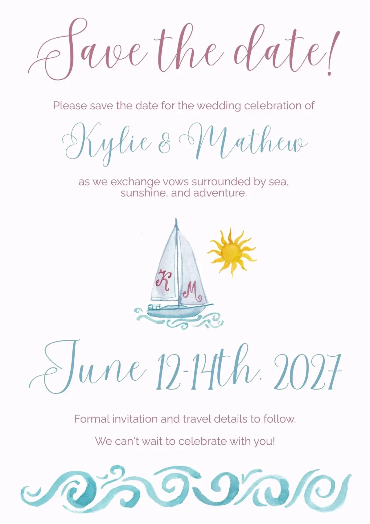Watercolor sailboat save the date card with watercolor artwork
