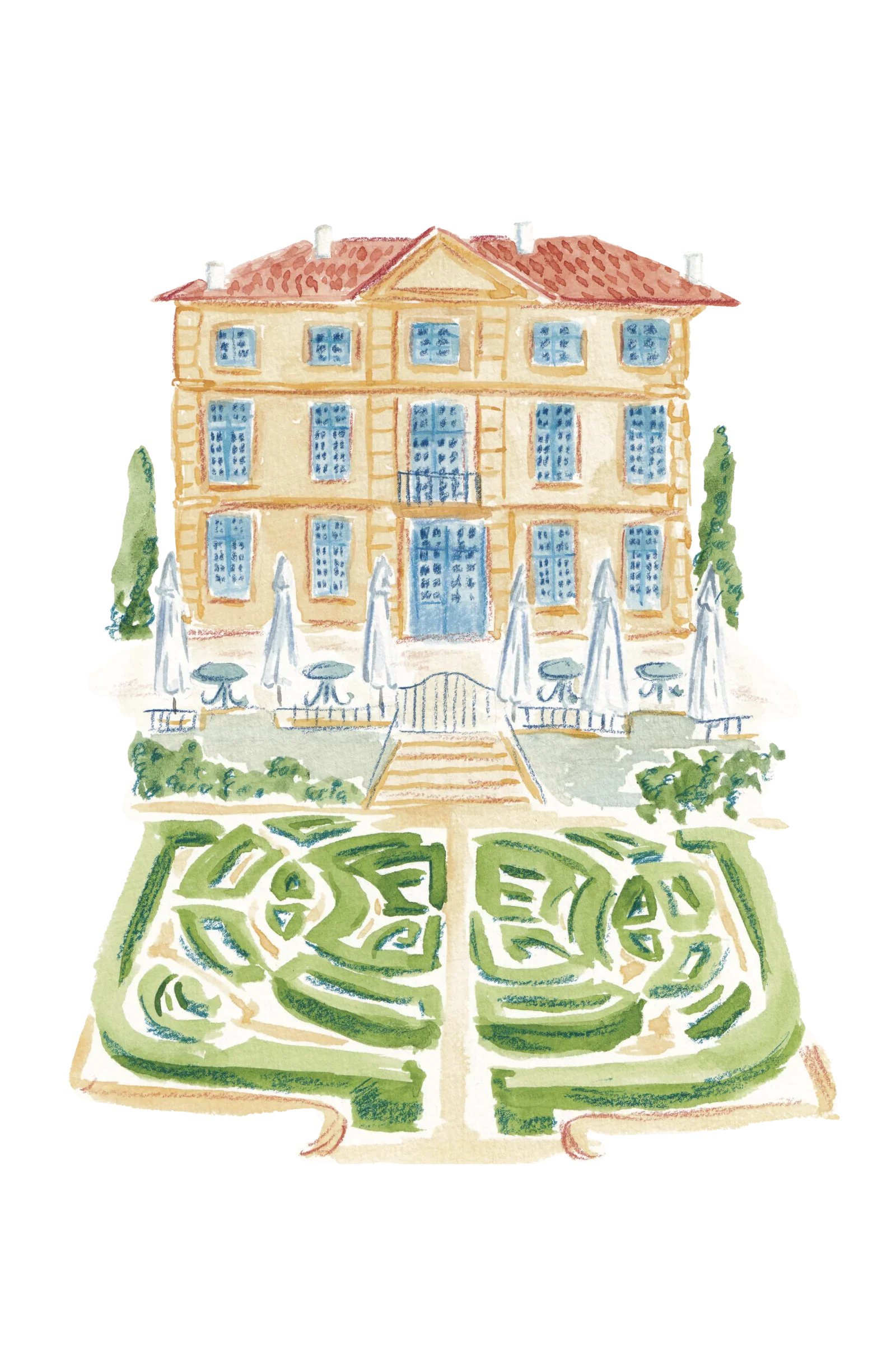 Watercolor wedding venue illustration of a French chateau with a maze