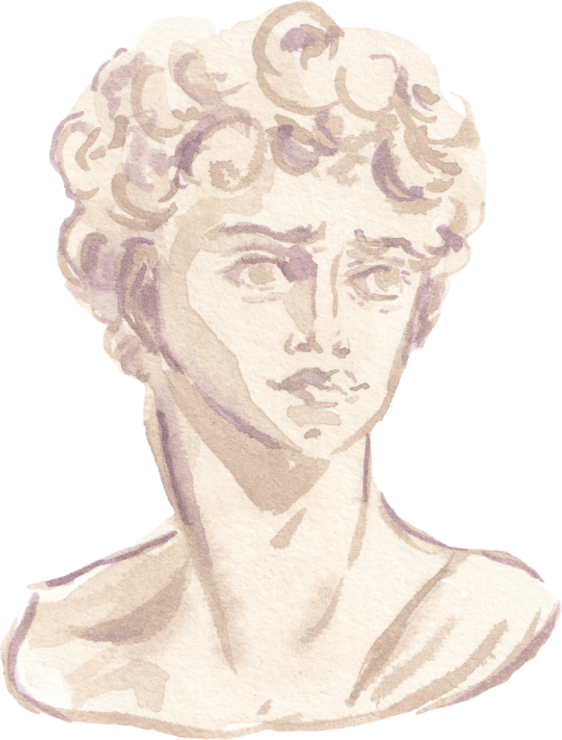 Hand-painted detail of Michelangelo's David sculpture for an Italian wedding invitation suite