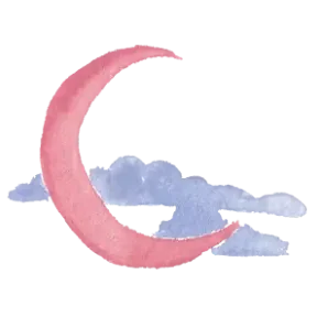 A pink crescent moon with a small cloud below it.