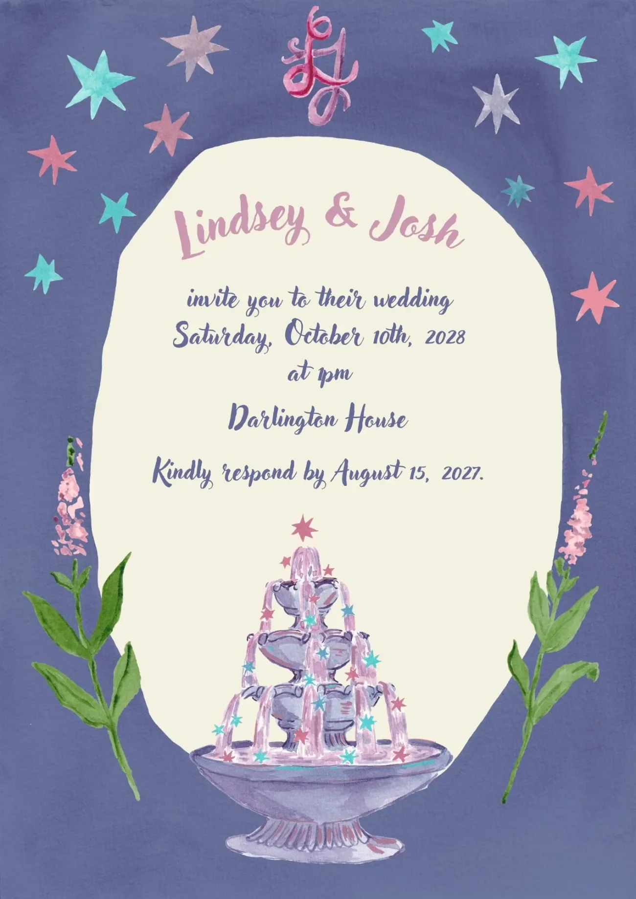 Whimsical watercolor wedding invitation with stars and fountain in purple