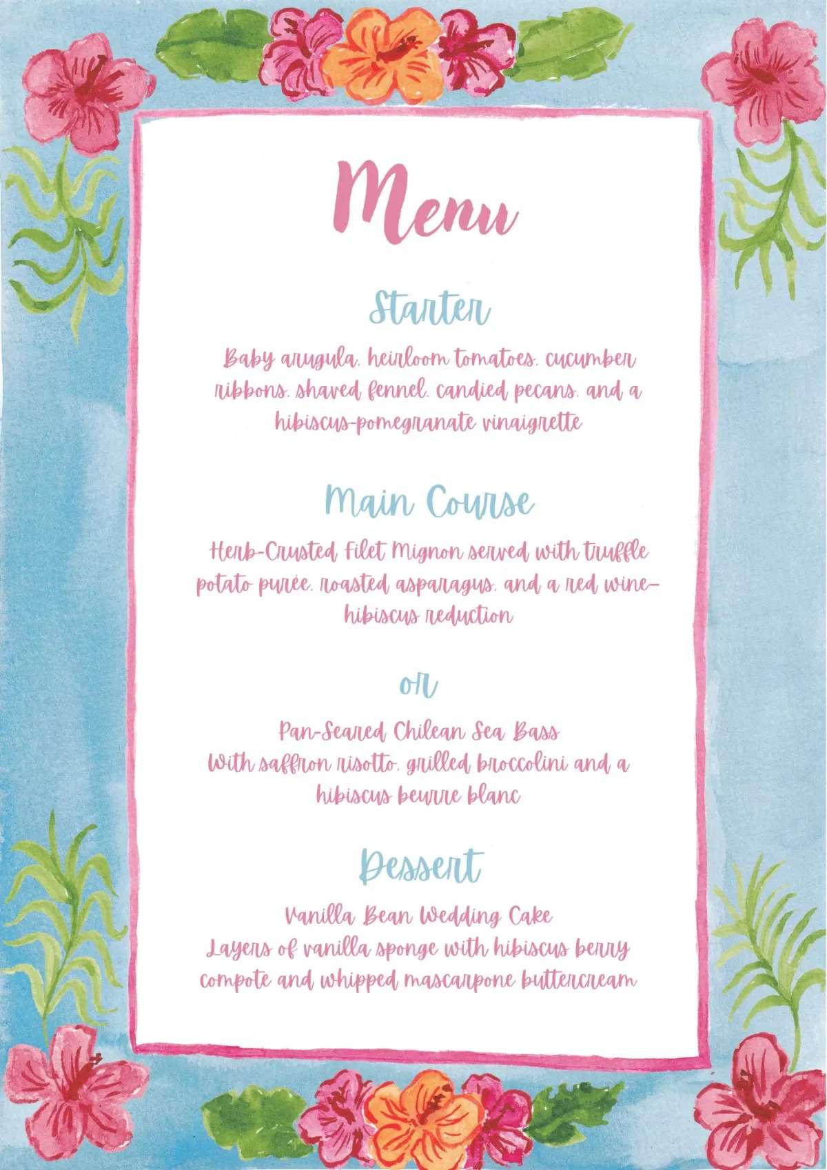 Illustrated tropical wedding invitation menu with hibiscus flowers