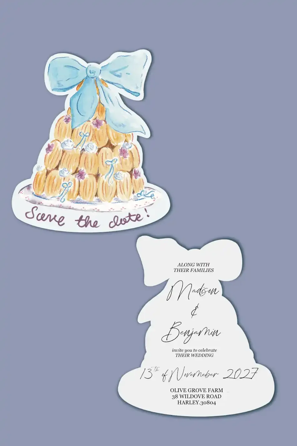 Hand-painted watercolor save the date cards in the shape of a tower of Madelines