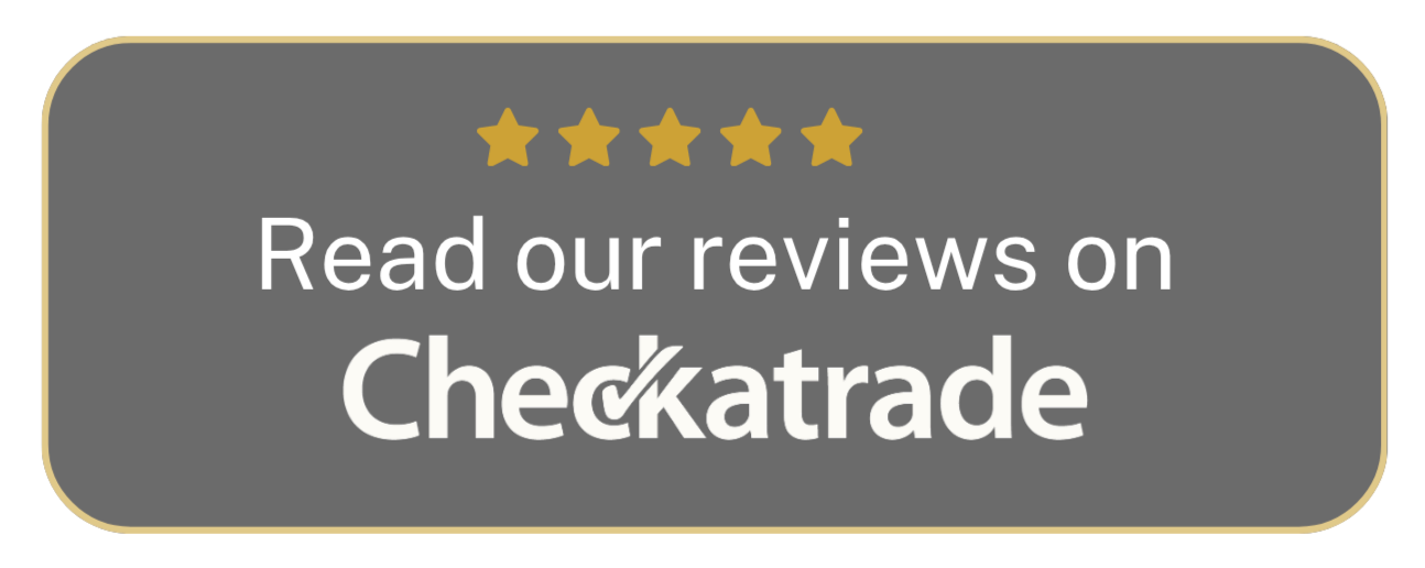 Black rectangular banner with a gold border, five gold stars at the top, and white text encouraging viewers to read reviews on Checkatrade.