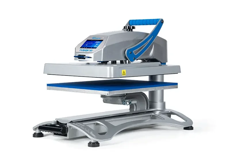 A heat press machine with a digital display and padded blue sleeping surface.