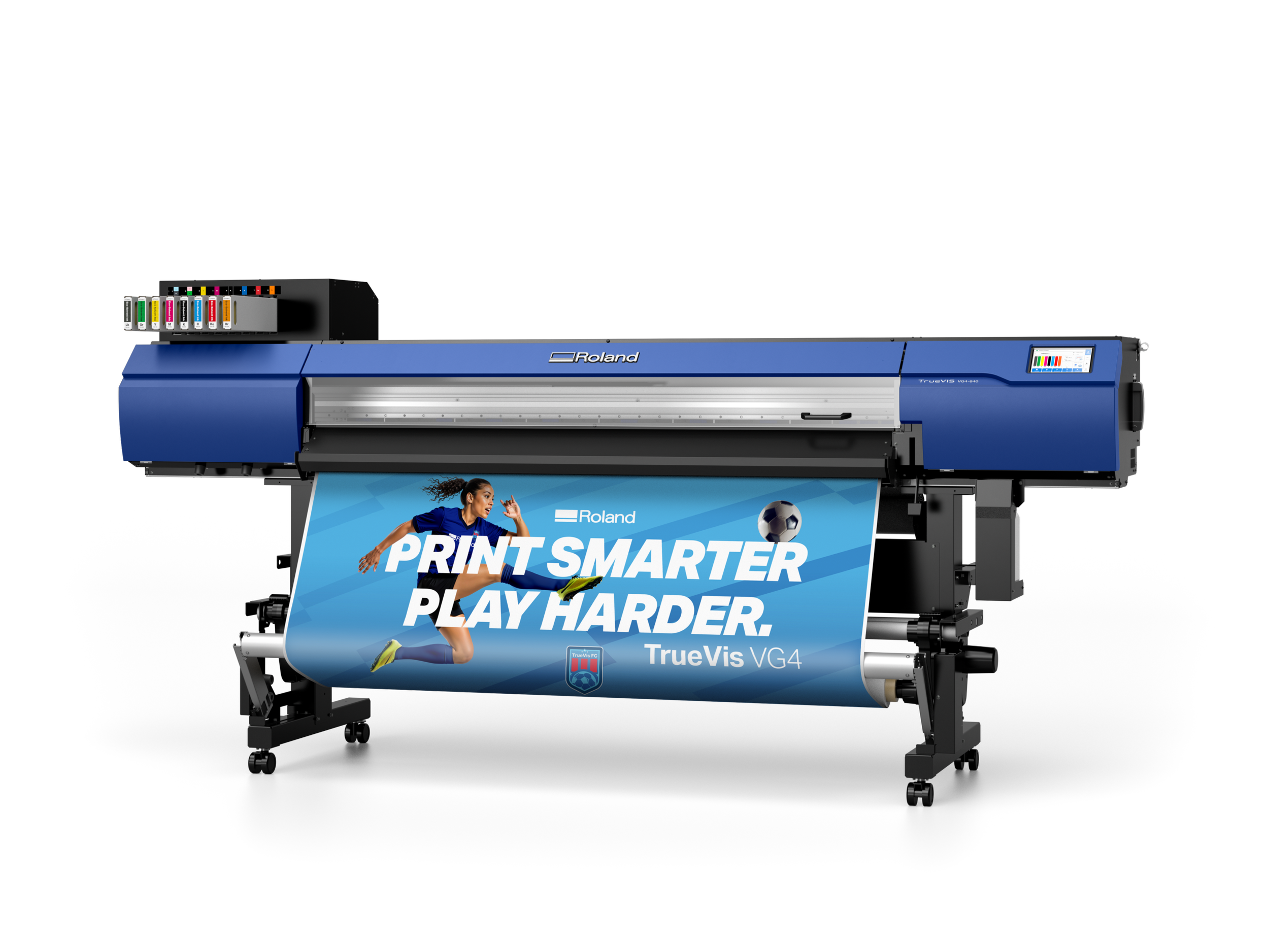 A large Roland TrueVIS VG4 printing and cutting machine printing a vibrant poster of a female soccer player with a soccer ball, wearing a blue uniform with the text 'PRINT SMARTER PLAY HARDER'.