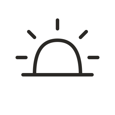 Simple line drawing of a sunrise or sunset over a horizon with rays emanating from the sun.