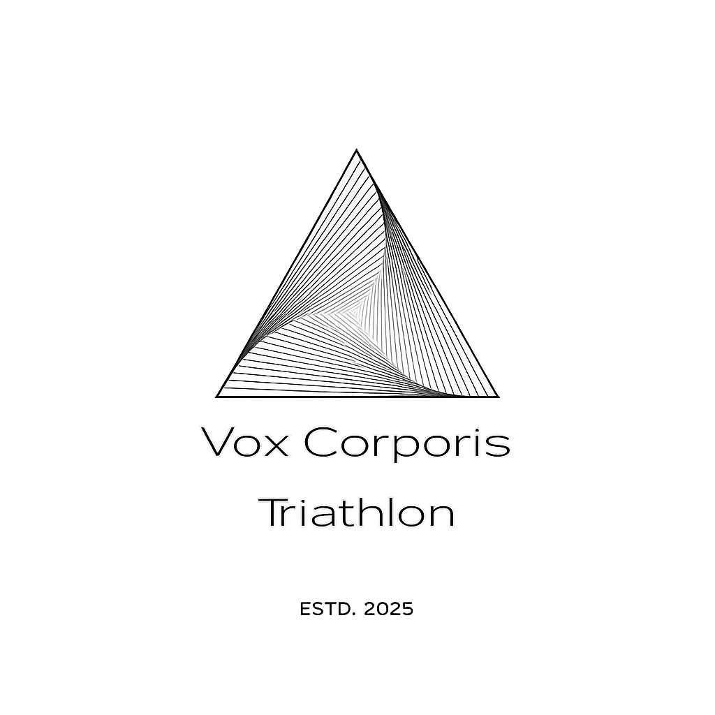 Logo for Vox Corporis Triathlon featuring an abstract geometric pyramid design and text indicating it was established in 2025.