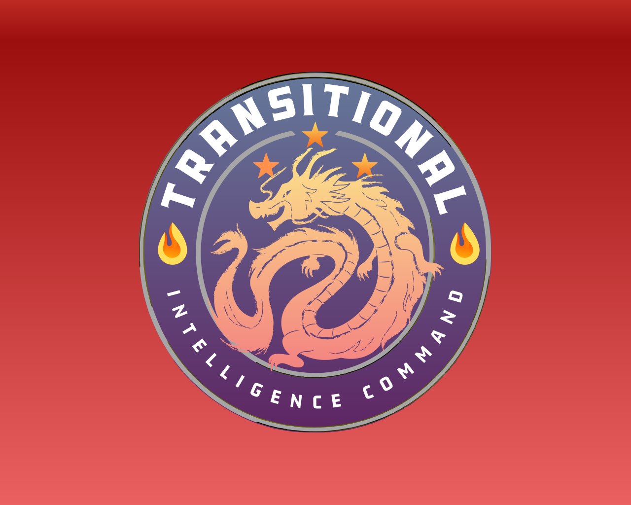 A circular emblem with the word 'Transitional' at the top and 'Intelligence Command' at the bottom. The center features a stylized dragon with three stars around its head and two flame symbols on either side of the circle. The background is a gradient from red to black.
