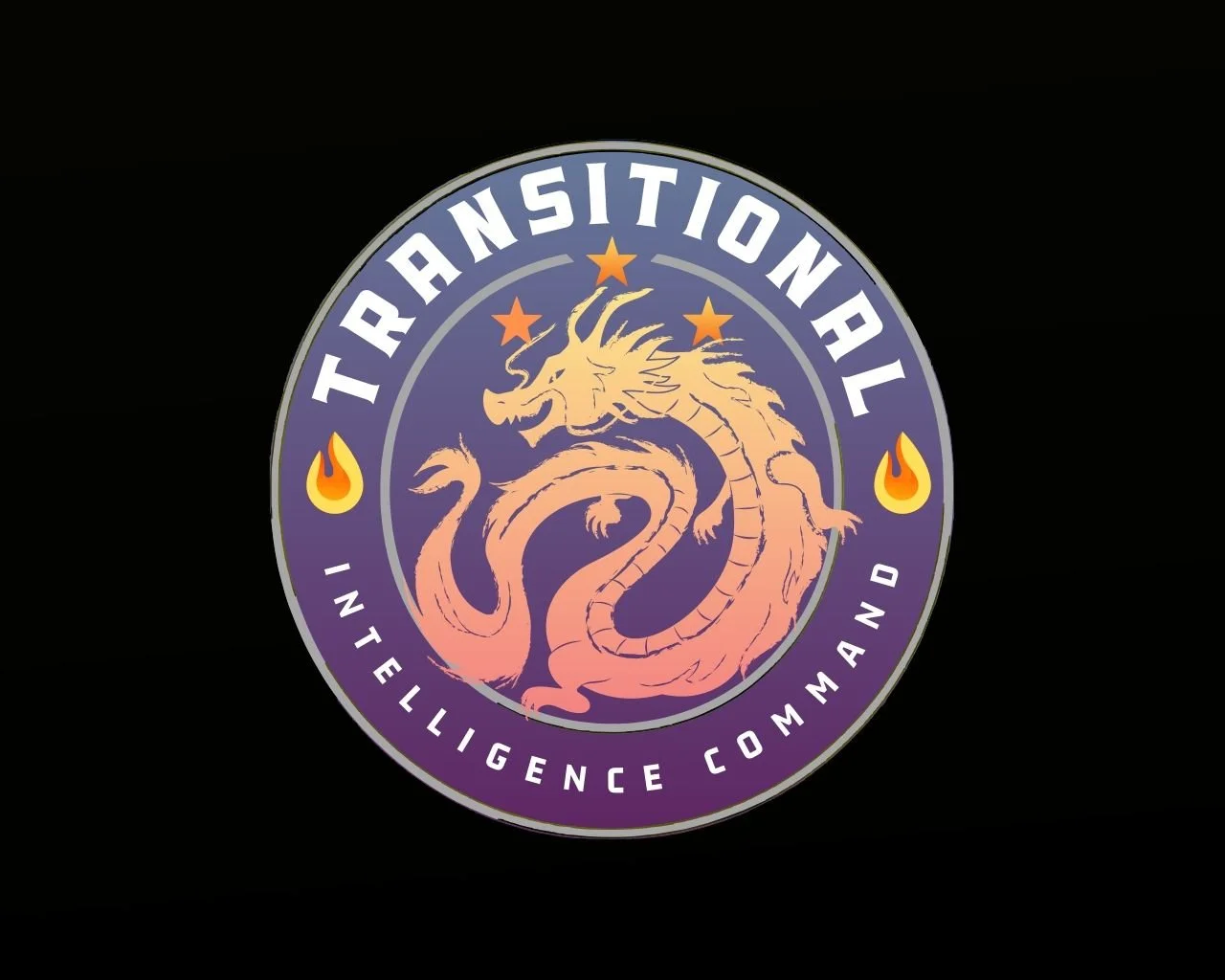 Emblem of the Transnational Intelligence Command with a stylized dragon in the center, stars above, and flames on either side, surrounded by the words 'Transnational' and 'Intelligence Command' on a purple circle.