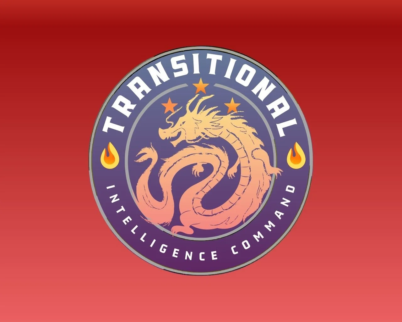 A circular emblem with a purple background, featuring a stylized orange dragon in the center. The dragon has four stars above its head and two fire-shaped symbols on each side. The top of the emblem reads "Transitional" and the bottom reads "Intelligence Command" in white text.