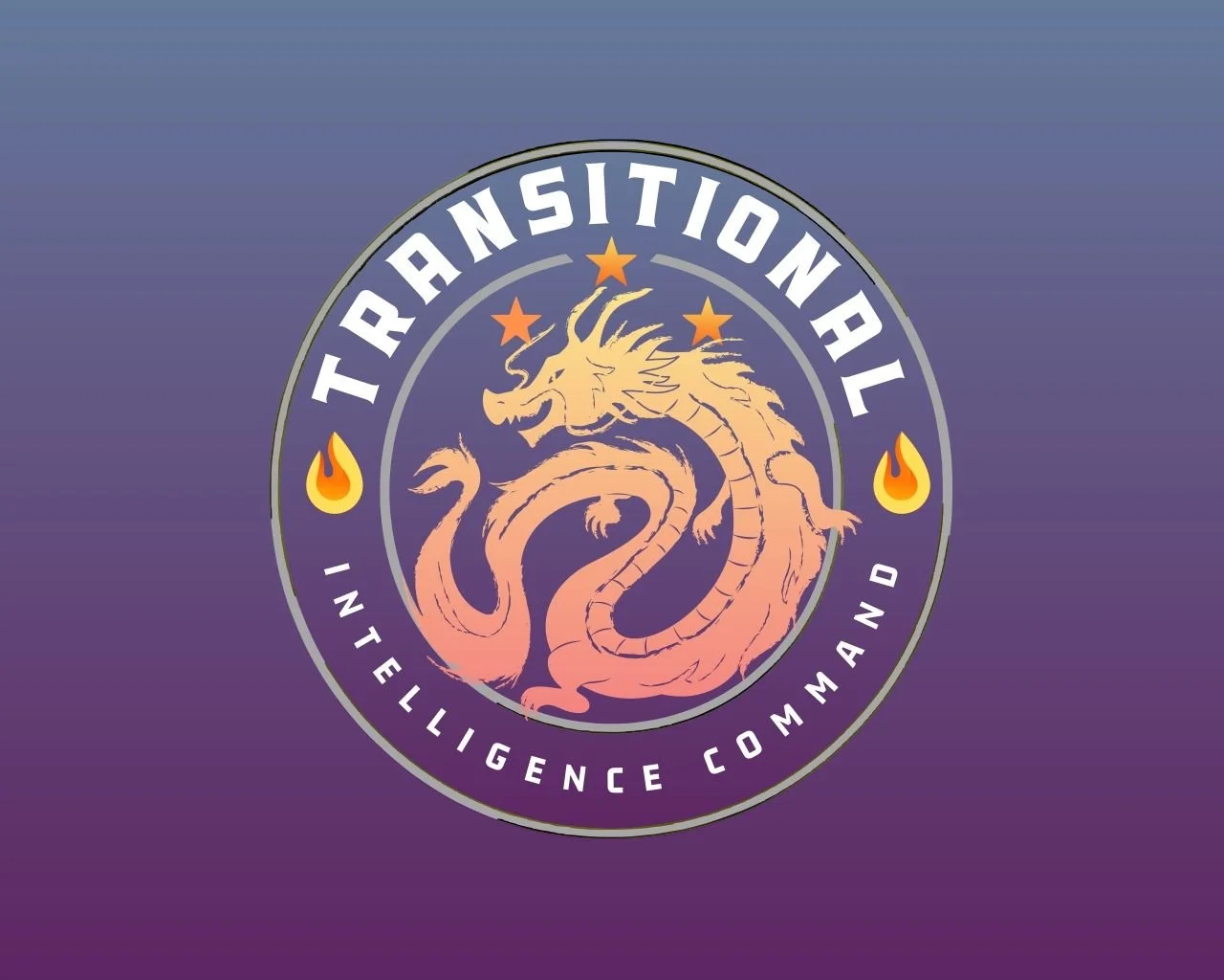A circular emblem with a purple gradient background, featuring a stylized pink dragon in the center. The top of the circle reads 'TRANSITIONAL' and the bottom reads 'INTELLIGENCE COMMAND' with two flame icons on each side of the circle. The design suggests a fictional or fantasy-themed organization.