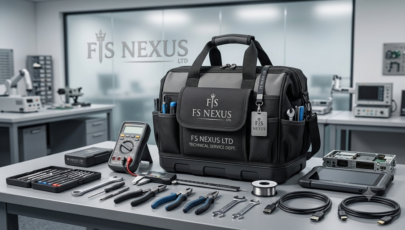 A technical service toolkit on a table in a lab, with a black bag labeled 'FS NEXUS LTD,' surrounded by various tools, a multimeter, cables, and electronic components, in a scientific laboratory setting.