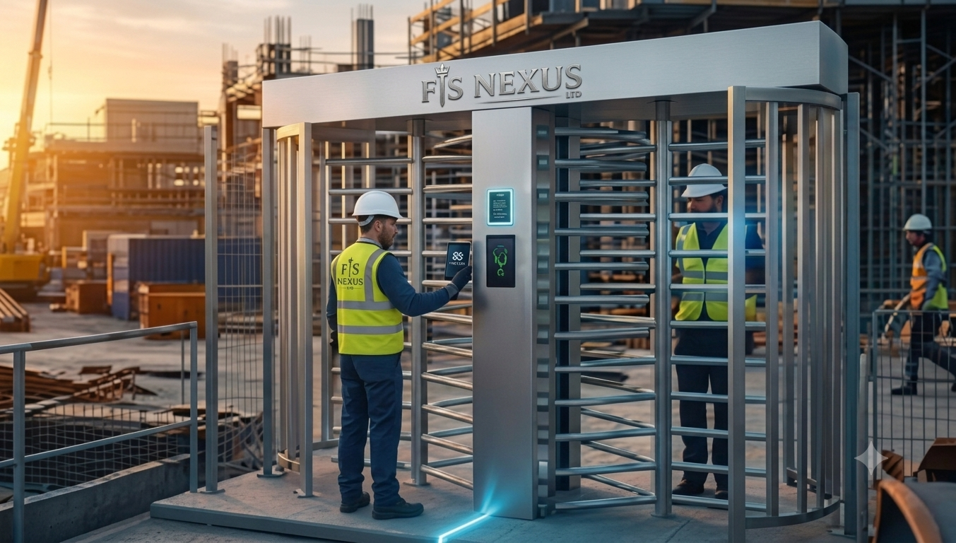 Construction workers at an industrial site standing near a turnstile access point, with metal scaffolding and containers in the background during sunset.