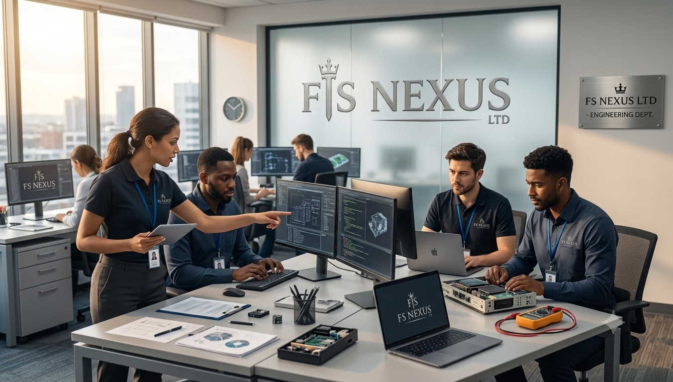 A team of professionals working at computers in a modern office with large windows, with the company's logo 'FS NEXUS LTD' displayed on a wall and monitors.