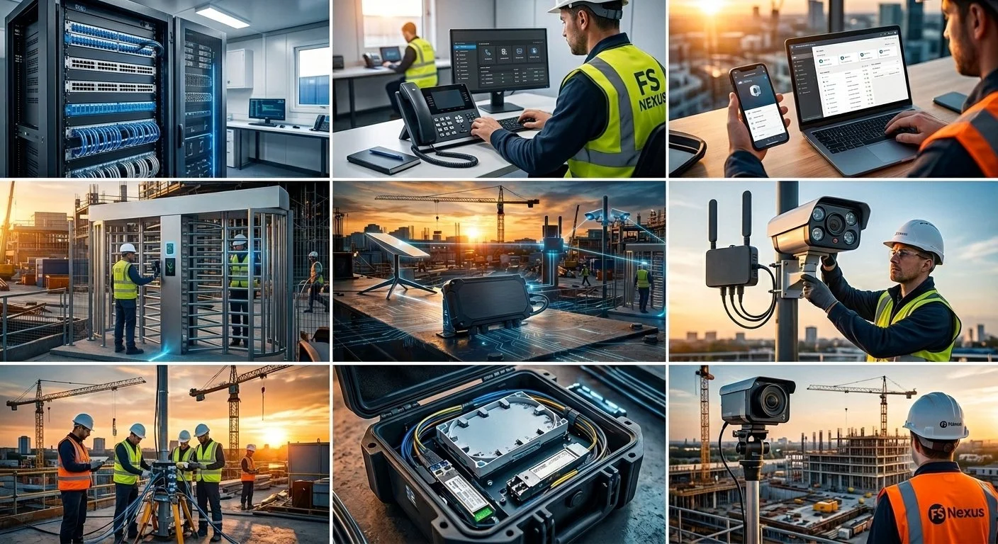 Collage of construction and technology workers at a building site during sunset, using surveillance cameras, drones, and communication devices for infrastructure projects.