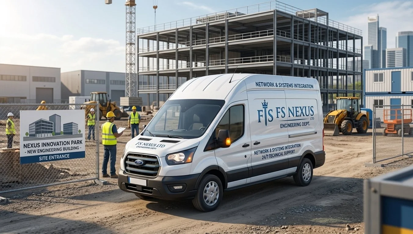 Construction site with workers, equipment, and a van labeled 'FS ES NEXUS' at the site entrance of a new commercial building.