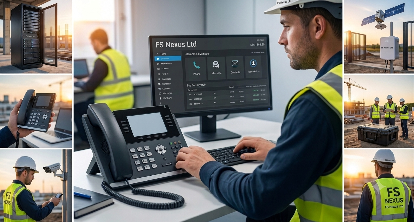 Construction workers wearing safety vests and helmets on site, using phones and discussing near equipment, with satellite dishes and a server rack visible. An office worker monitors security and communication systems at a desk with phones and a computer.