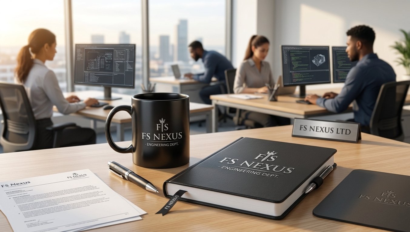 An office conference room with four people working at desks and two computer monitors. On the foreground desk, there is a black mug, a notebook, a pen, a printed document, and a nameplate reading 'FS Nexus Ltd.' The documents and merchandise feature a logo with the words 'FS Nexus' and 'Engineering Dept.'