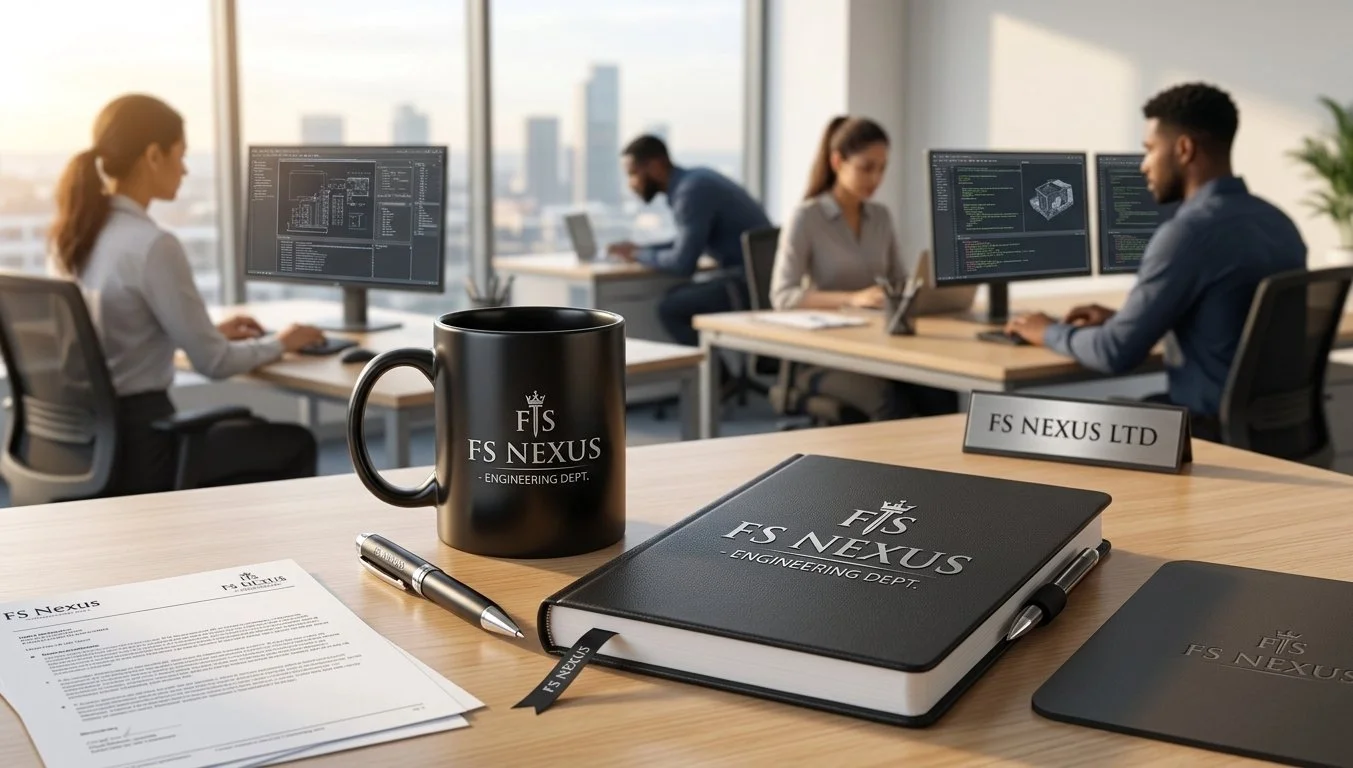 Office conference room with employees working at desks, computer monitors displaying engineering and coding work, and branding materials on a desk in the foreground.