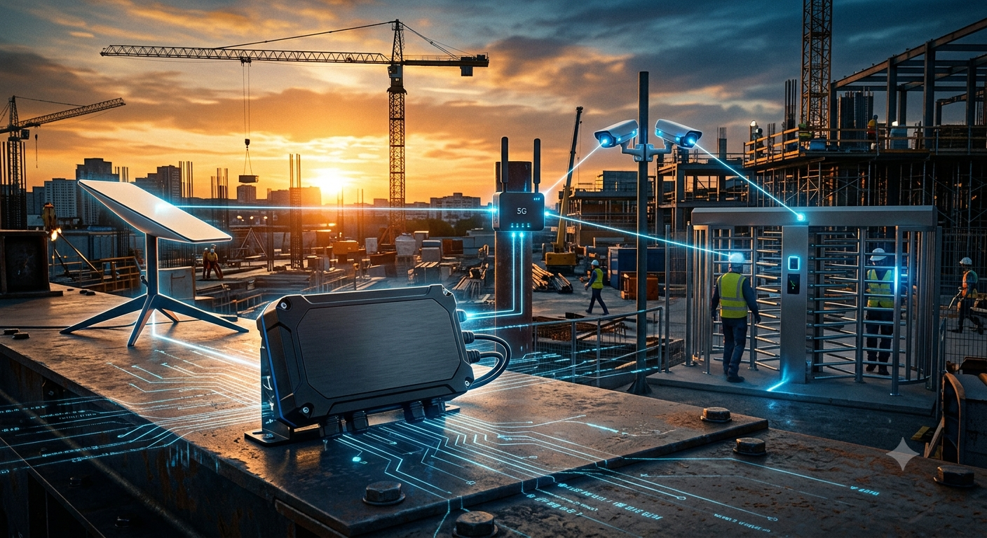 A construction site at sunset with digital and tech elements indicating advanced technology like 5G, surveillance cameras, and digital circuits overlayed on the scene.