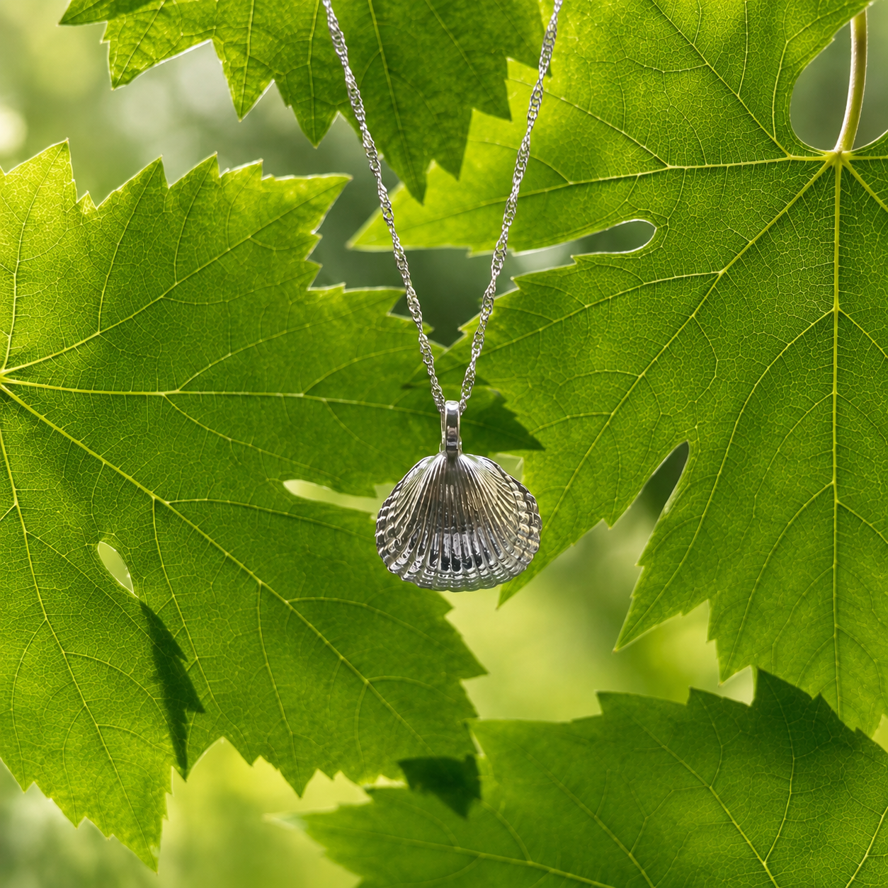 A silver necklace with a scallop shell pendant hanging from a chain, draped over bright green leaves with sunlight filtering through.