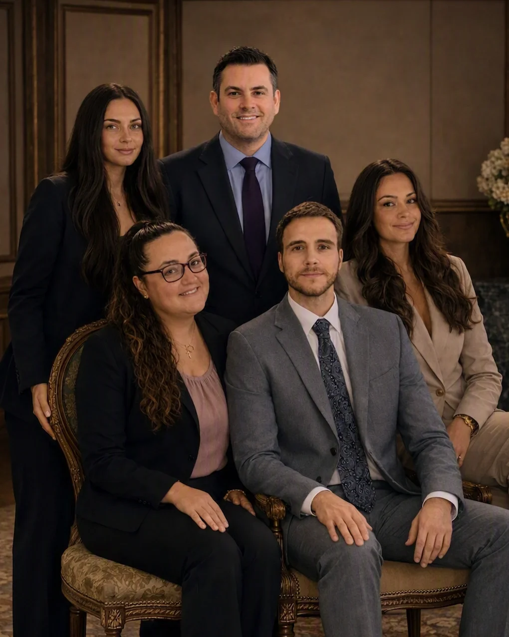 A group of five professionally dressed adults posing together in a formal setting, with wood-paneled walls and floral arrangements in the background.