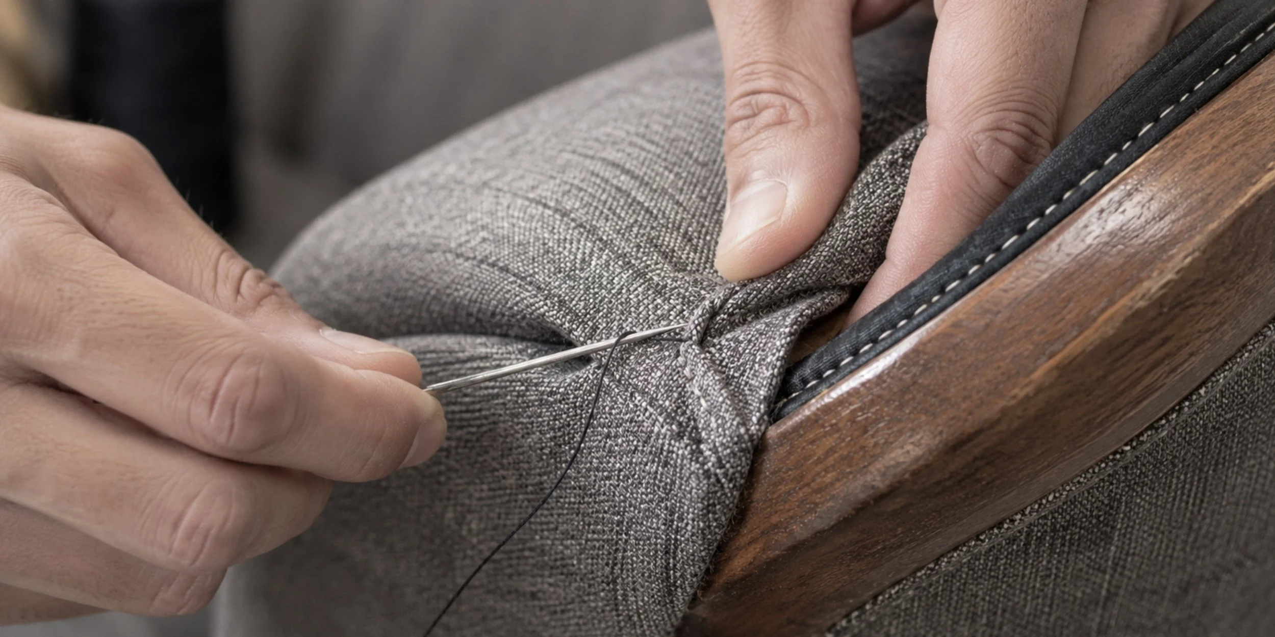A person sewing a gray fabric with a needle and thread.